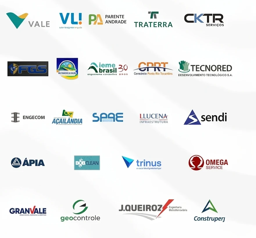 Logos de clientes da SENMEQ, entre eles Vale, VLI, Parente Andrade, Traterra, CKTR, Tecnored, Sendi, Trinus, Granvale, J. Queiroz e Construperj